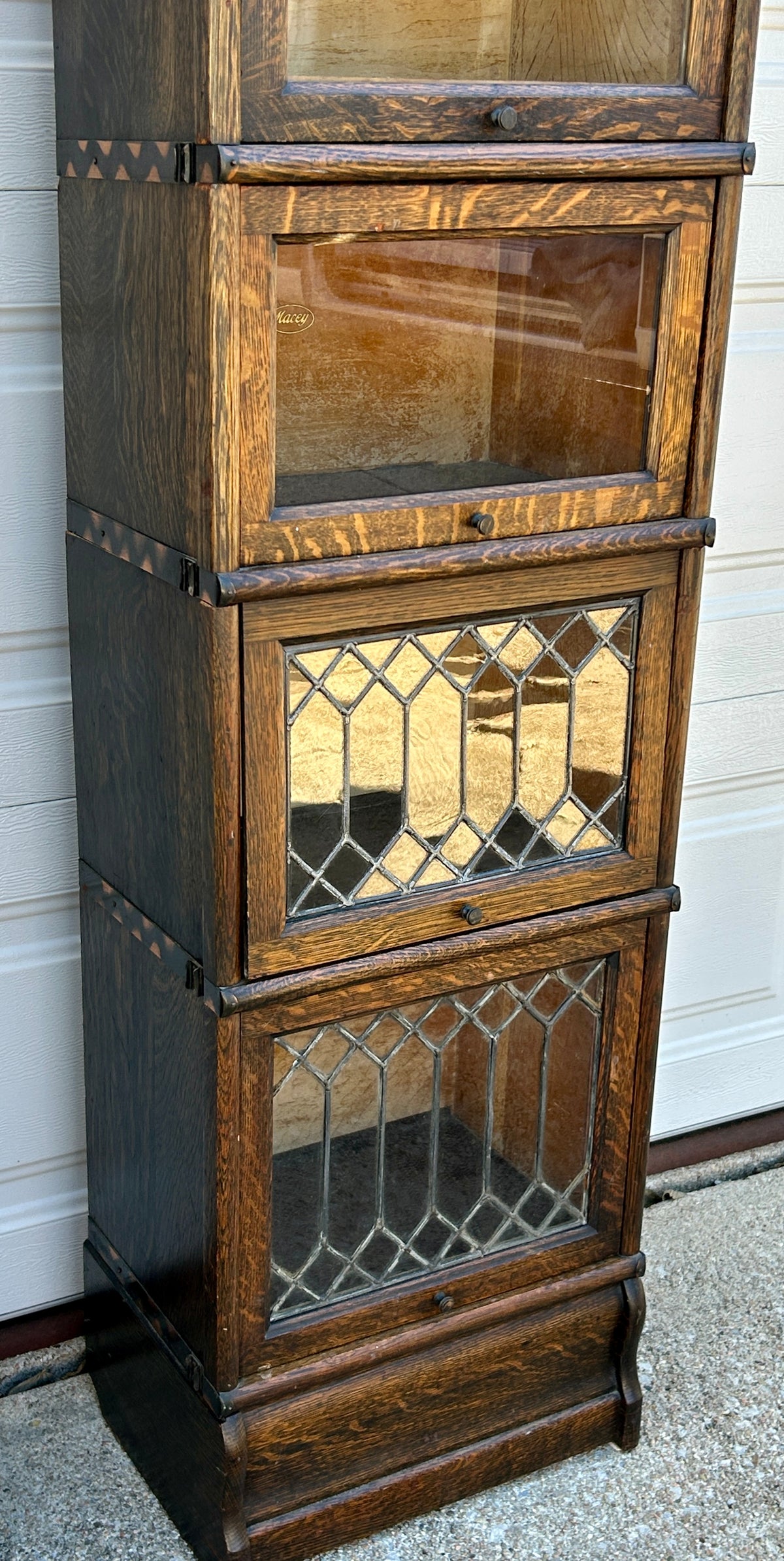 MISSION OAK HALF SIZE FIIVE STACK BOOKCASE WITH LEADED DOORS