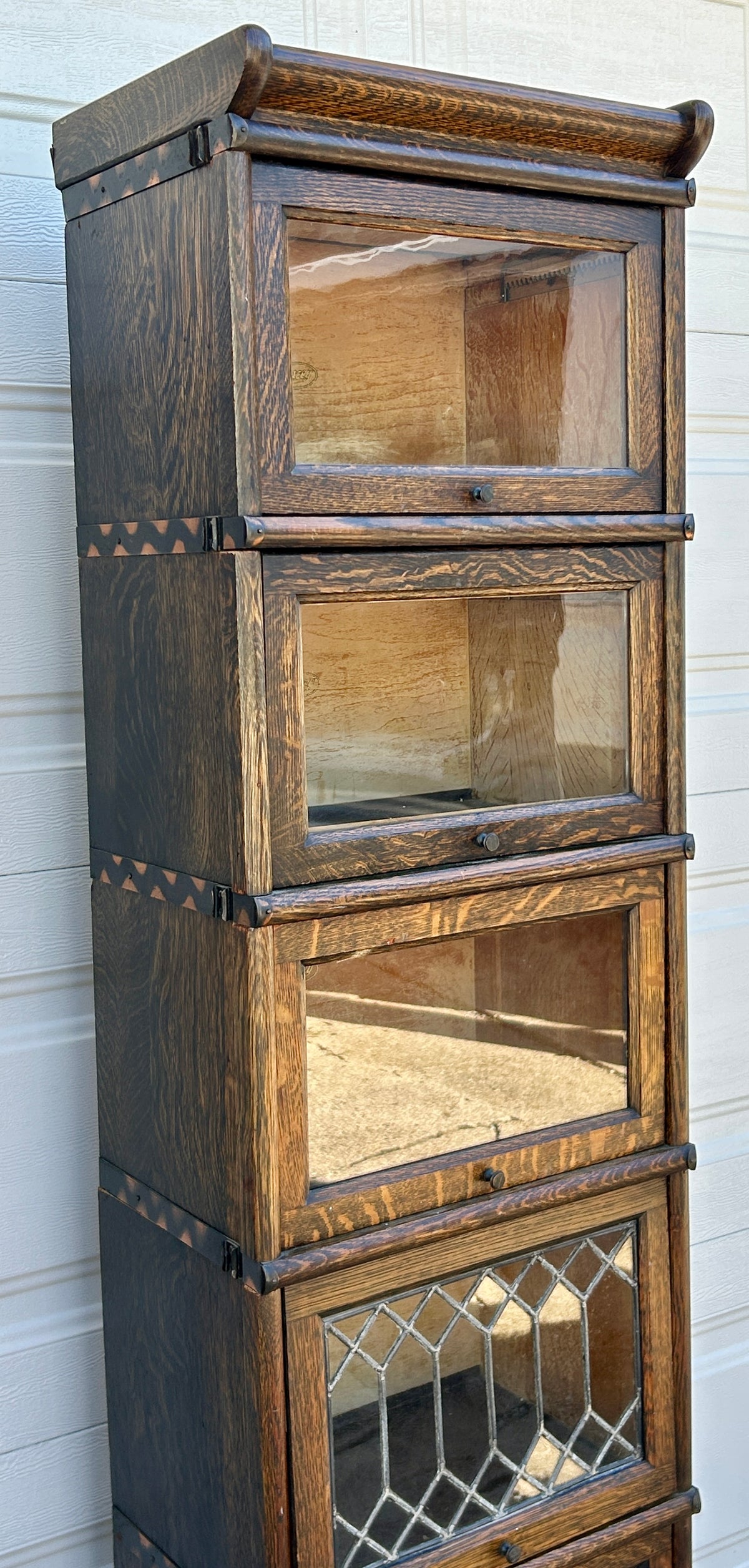MISSION OAK HALF SIZE FIIVE STACK BOOKCASE WITH LEADED DOORS