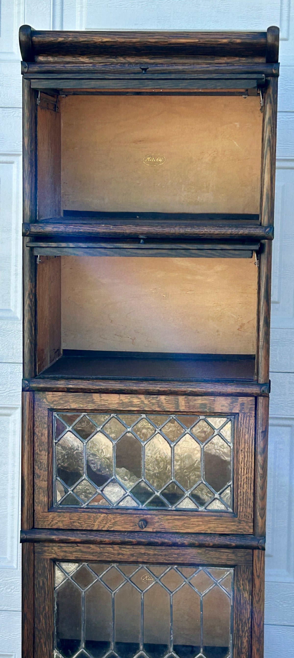 HALF SIZE FIVE STACK MISSION ANTIQUE OAK BOOKCASE WITH THREE LEADED DOOR SECTIONS