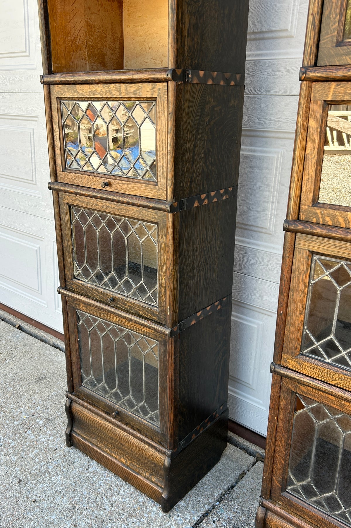 HALF SIZE FIVE STACK MISSION ANTIQUE OAK BOOKCASE WITH THREE LEADED DOOR SECTIONS