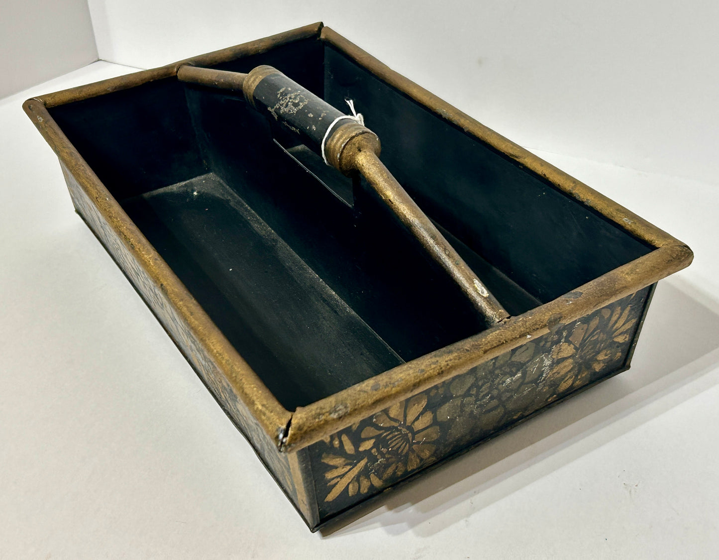 TOLE DECORATED ANTIQUE TINWARE SILVERWARE CADDY
