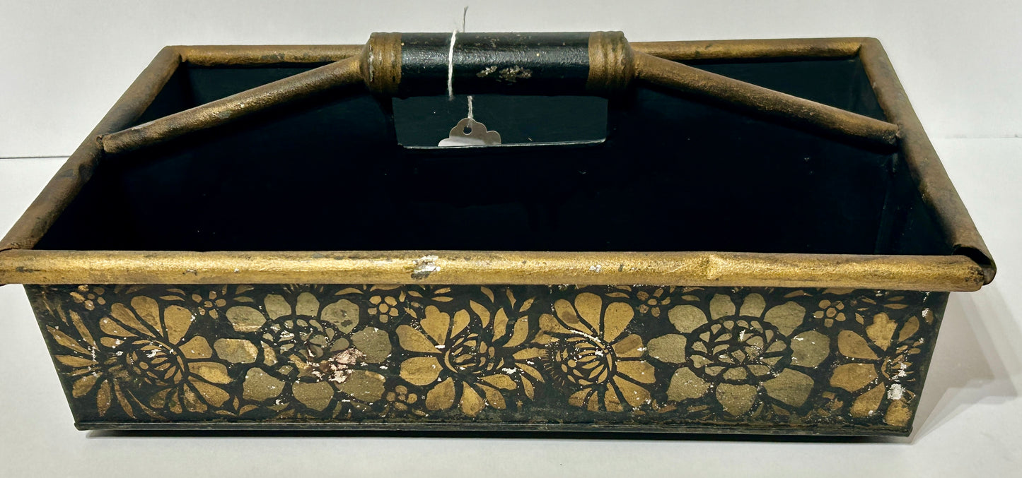 TOLE DECORATED ANTIQUE TINWARE SILVERWARE CADDY