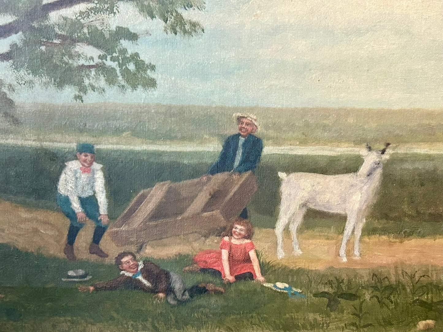 ANTIQUE PAINTING OF CHILDREN HAVING FUN WITH GOAT AND WAGON