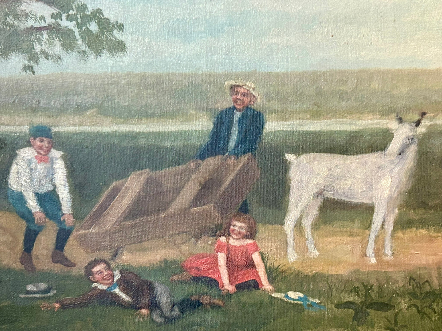 ANTIQUE PAINTING OF CHILDREN HAVING FUN WITH GOAT AND WAGON