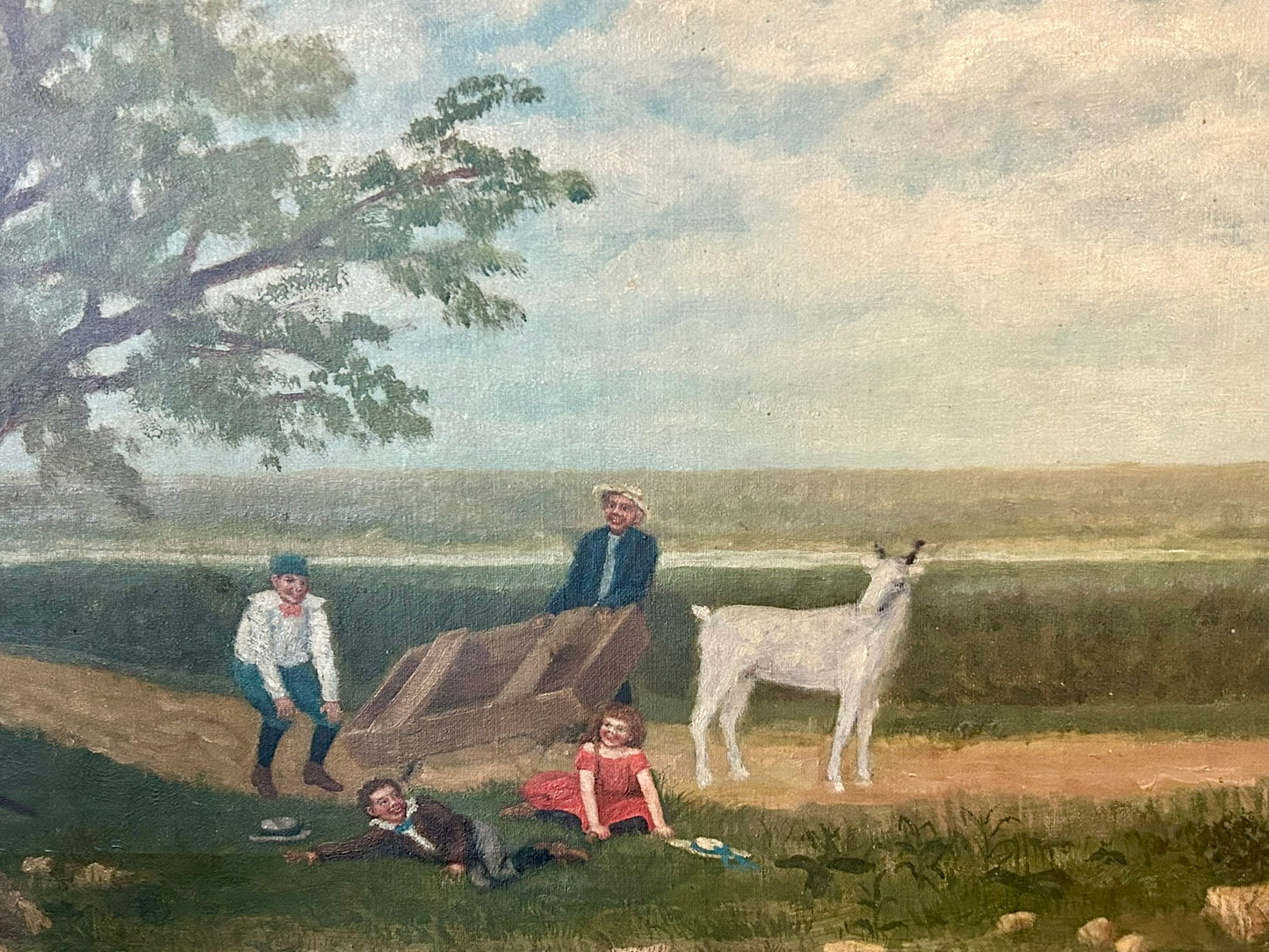 ANTIQUE PAINTING OF CHILDREN HAVING FUN WITH GOAT AND WAGON
