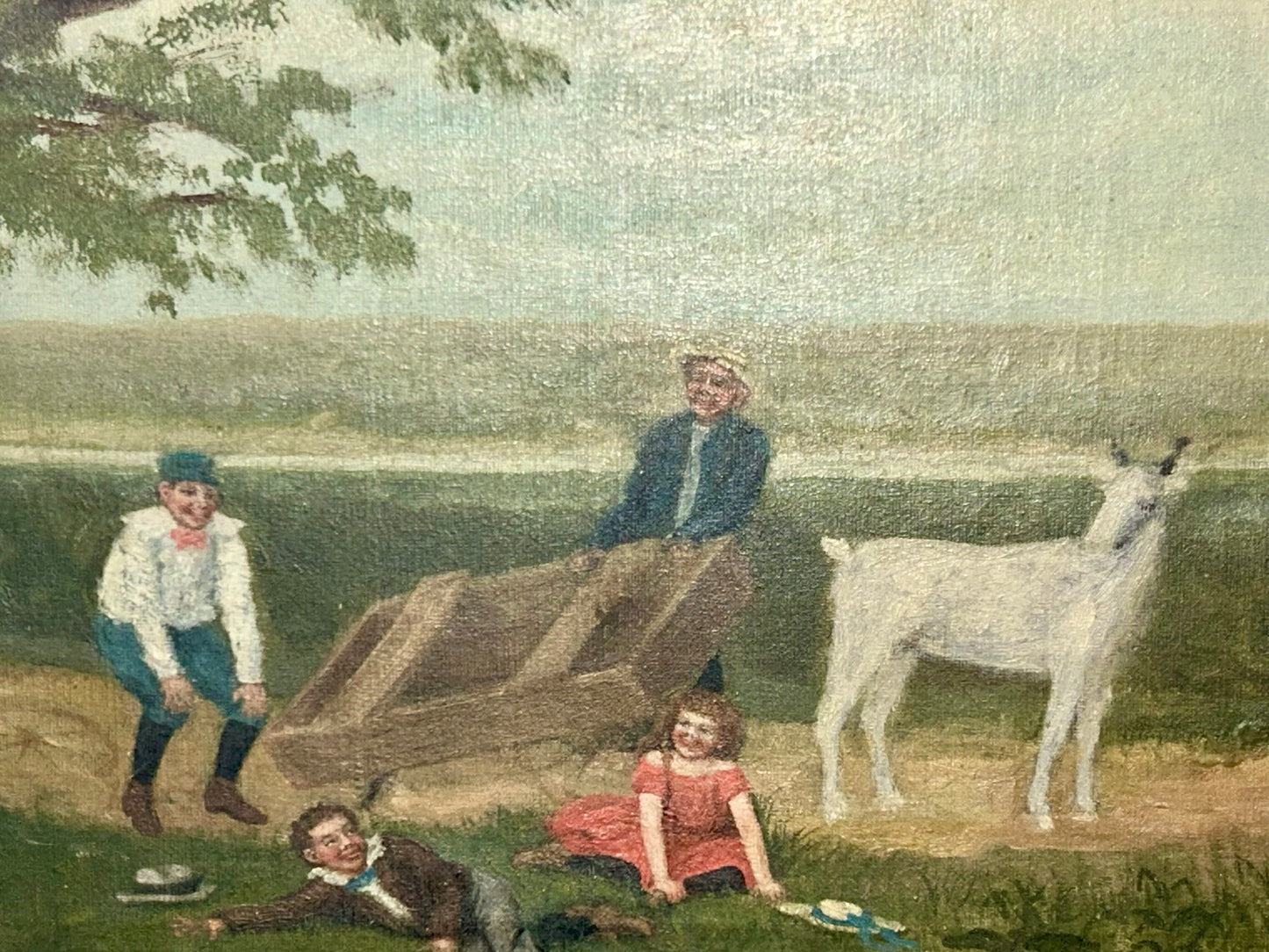 ANTIQUE PAINTING OF CHILDREN HAVING FUN WITH GOAT AND WAGON