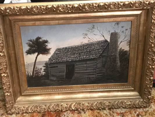 FOLK ART CABIN PAINTING LATE 1800'S