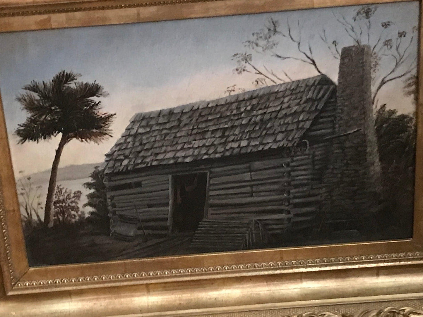 FOLK ART CABIN PAINTING LATE 1800'S