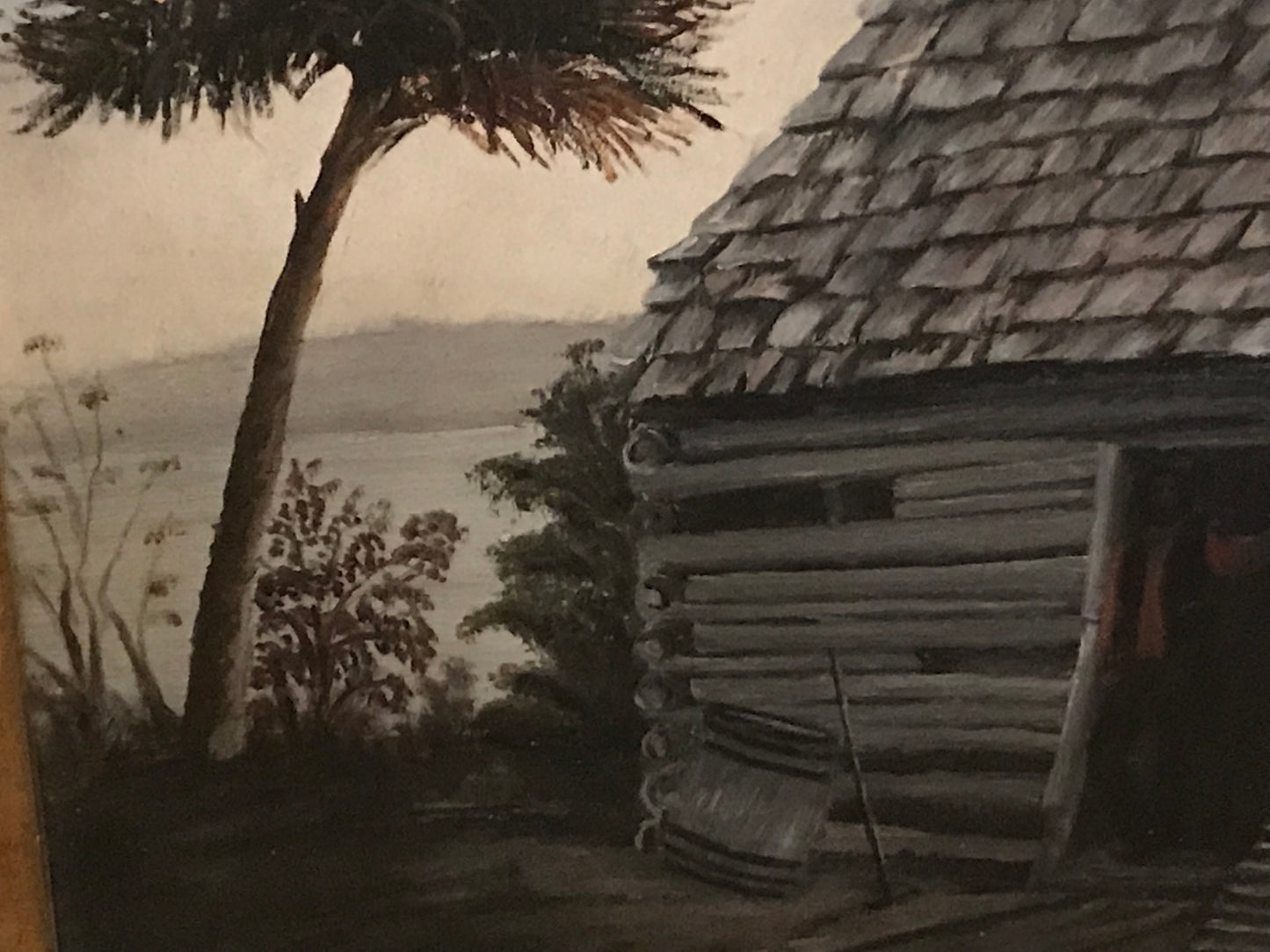 FOLK ART CABIN PAINTING LATE 1800'S