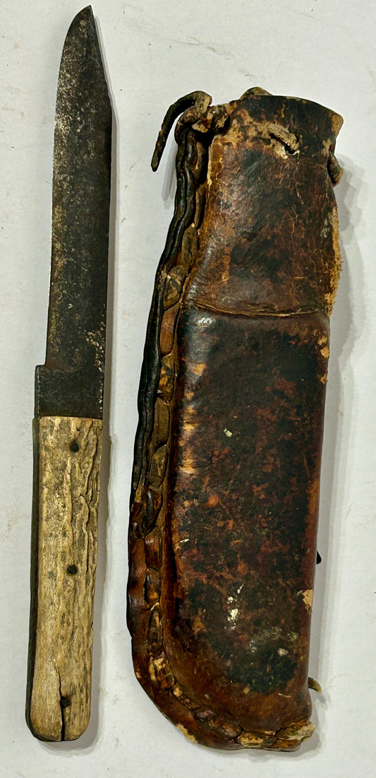 ANTIQUE KNIFE WITH STAG HANDLE IN EARLY HANDMADE SHEATH