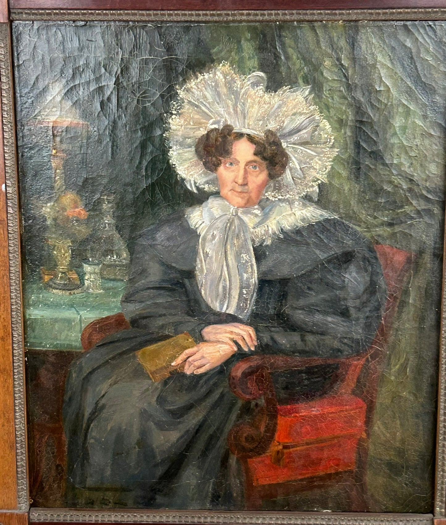 ANTIQUE MID 1800's PORTRAIT OF LADY IN FANCY CLOTHES IN PERIOD FRAME