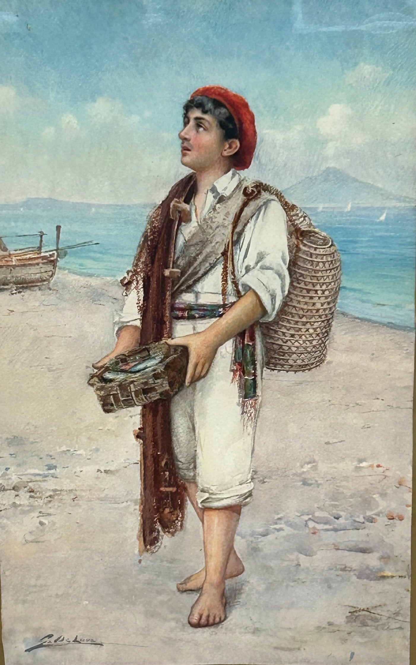 ANTIQUE WATERCOLOR PAINTING BY G. DELUCA OF BOY ON SHORE
