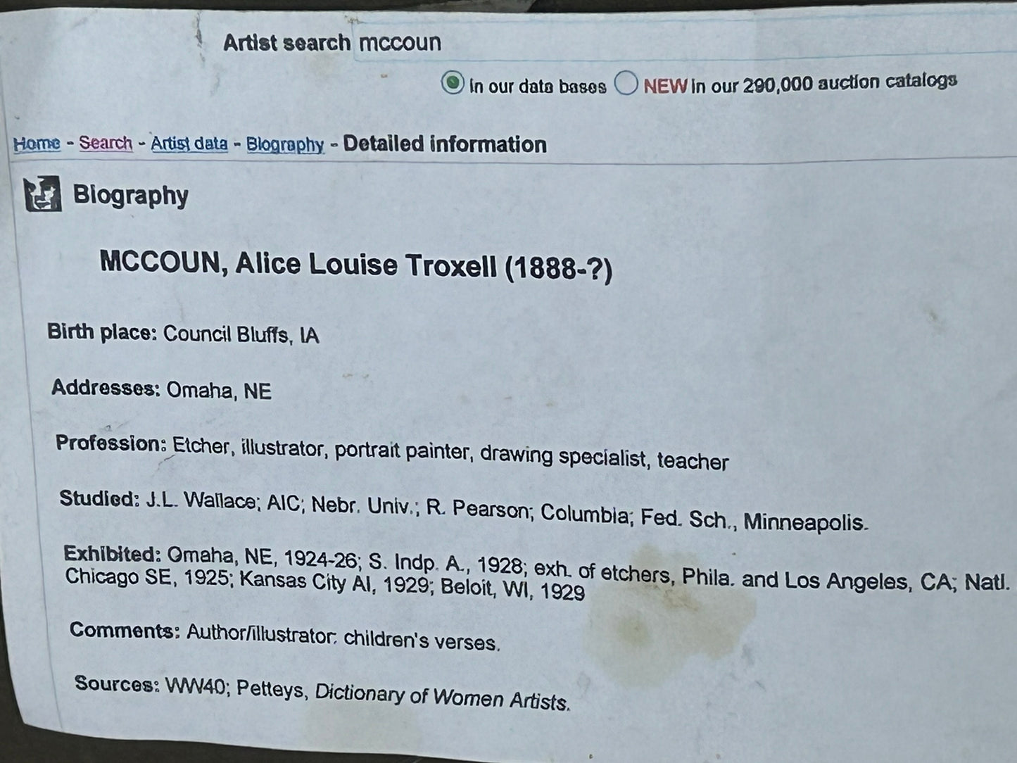 NEBRASKA ARTIST ALICE TROXELL MCCOUN 1888-1964 WATERCOLOR PORTRAIT OF GIRL