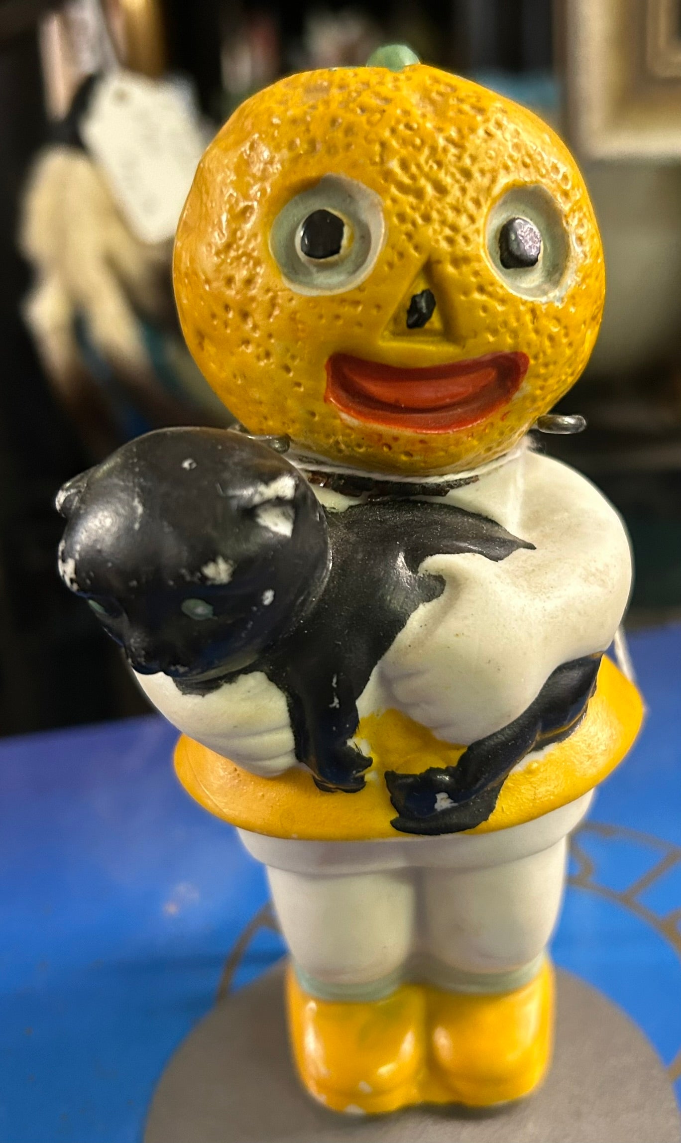 ANTIQUE HALLOWEEN BISQUE PUMPKIN GIRL HOLDING CAT