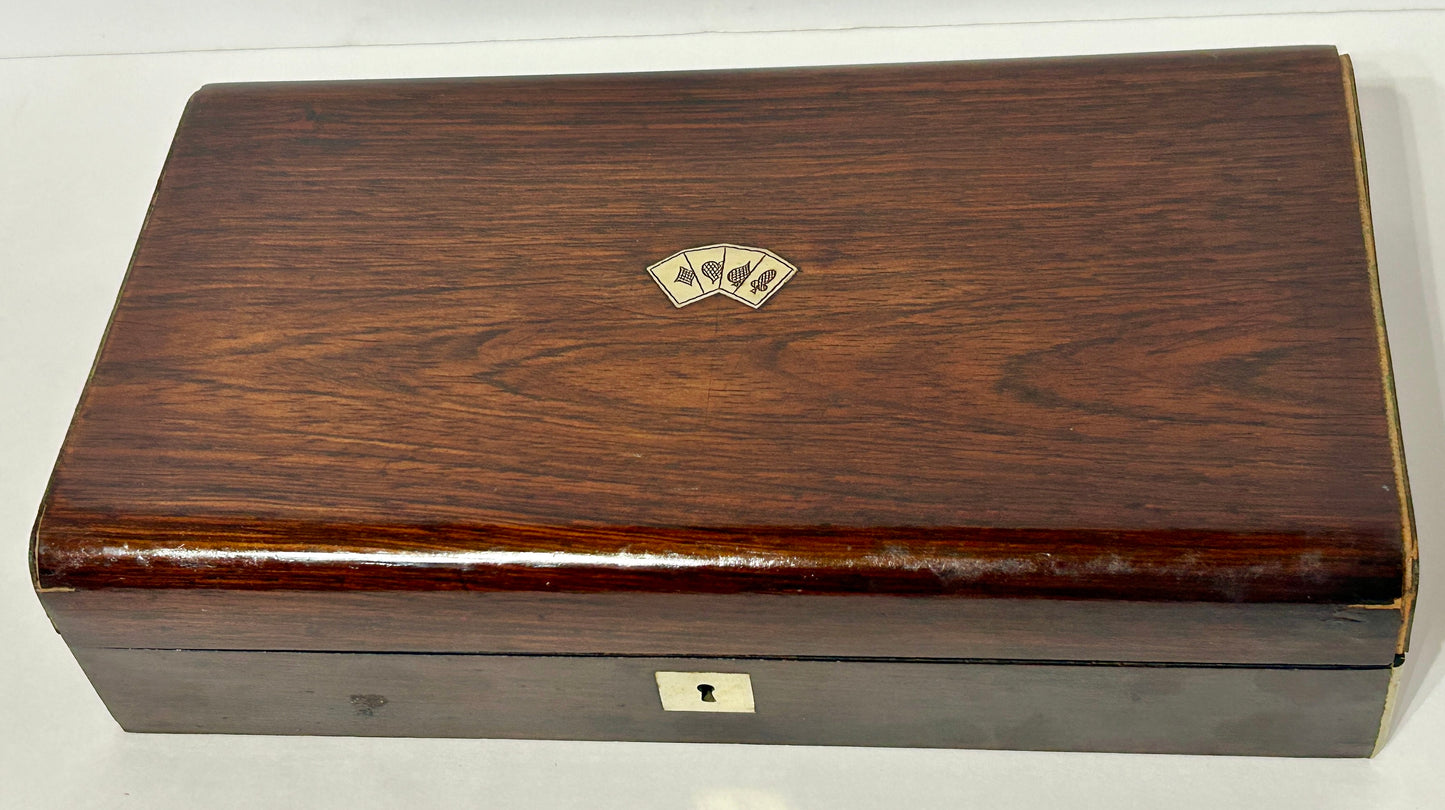 CARD COUNTERS IN ANTIQUE ROSEWOOD BOX WITH DYED BONE COUNTERS