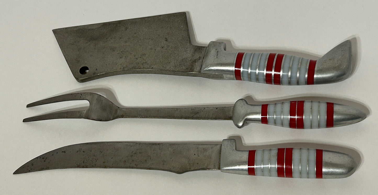 HANDMADE STEEL KNIFE, CLEAVER AND FORK SET WITH INLAID HANDLES 1930'S