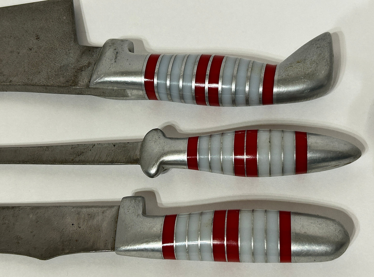 HANDMADE STEEL KNIFE, CLEAVER AND FORK SET WITH INLAID HANDLES 1930'S
