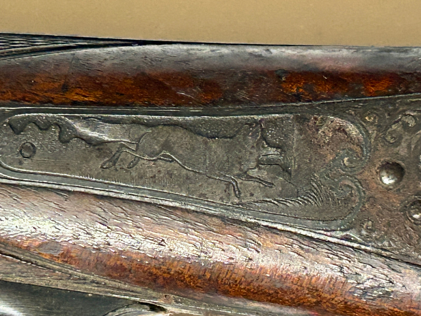 ANTIQUE DOUBLE BARREL SHOTGUN RECEIVER WITH FANCY ANIMAL ENGRAVINGS