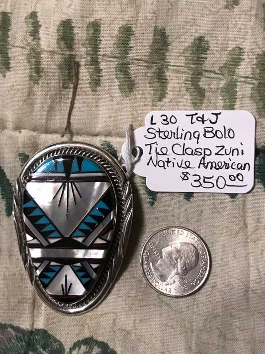 Native American Zuni T & J Sterling Bolo Tie Clasp