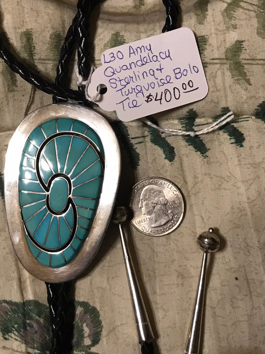 Native American Sterling & Turquoise Bolo Tie by Amy Quandelacy