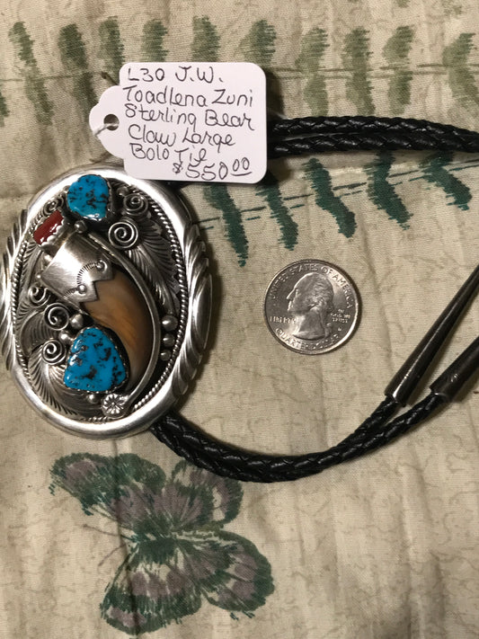 Native American J.W. Toadlena Zuni Sterling Large Bear Claw Large Bolo Tie