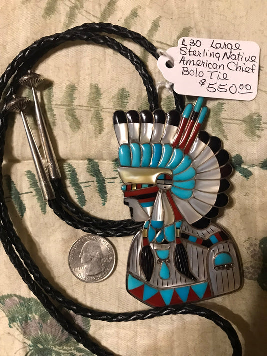 Native American Large Sterling Chief Bolo Tie