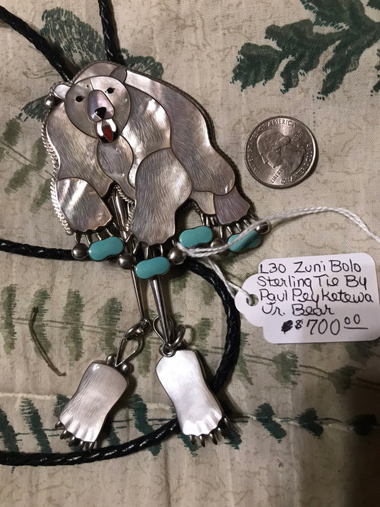 Native American Zuni Sterling Bolo Tie With Bear By Paul Peyketewa