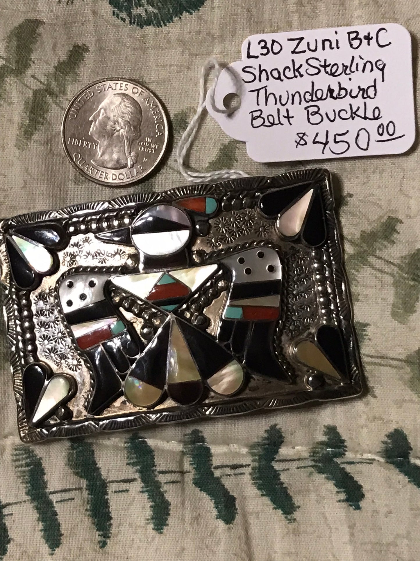 NATIVE AMERICAN ZUNI STERLING THUNDERBIRD BELT BUCKLE BY B & C SHACK