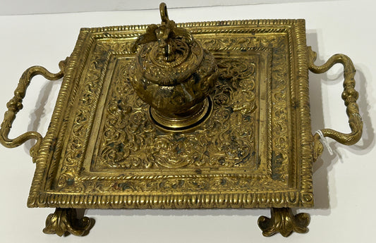 ANTIQUE INKWELL BRASS WITH FANCY HUMAN AND ANIMAL FIGURES