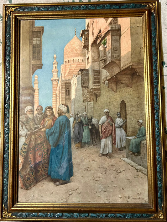 ORIENTALISM ARTIST ENRICO TARENGHI PAINTING OF FIGURES IN STREET