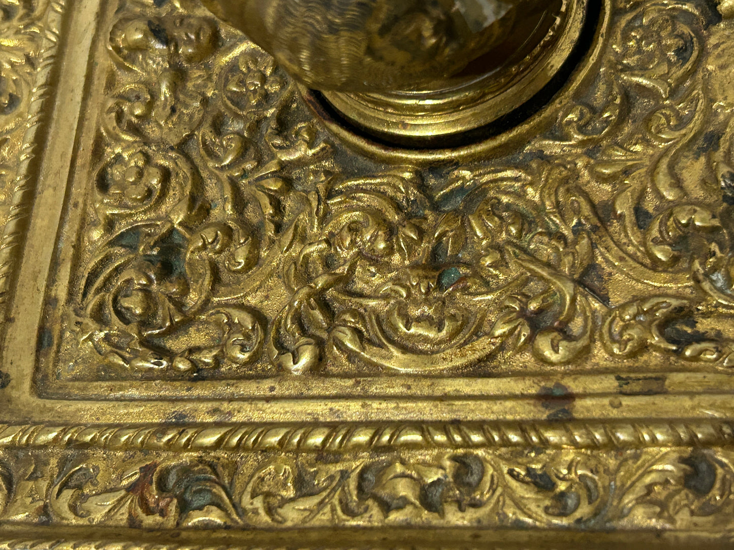 ANTIQUE INKWELL BRASS WITH FANCY HUMAN AND ANIMAL FIGURES