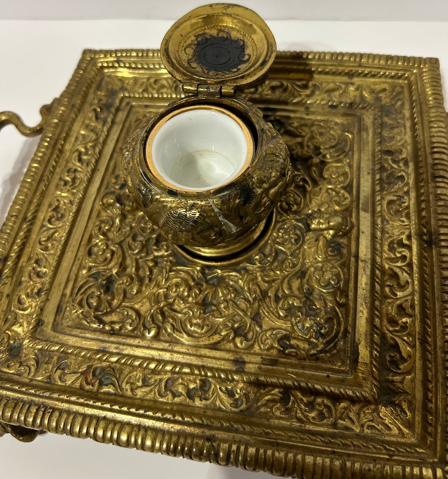 ANTIQUE INKWELL BRASS WITH FANCY HUMAN AND ANIMAL FIGURES