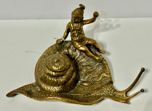 ANTIQUE INKWELL WITH BRONZE SNAIL AND BOY