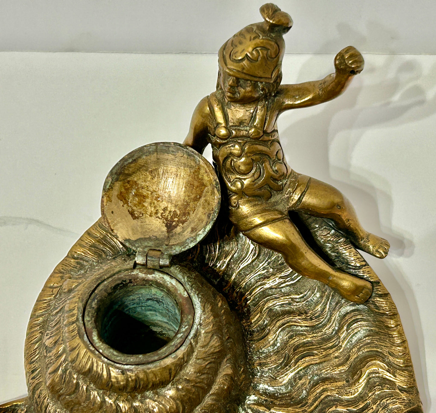 ANTIQUE INKWELL WITH BRONZE SNAIL AND BOY