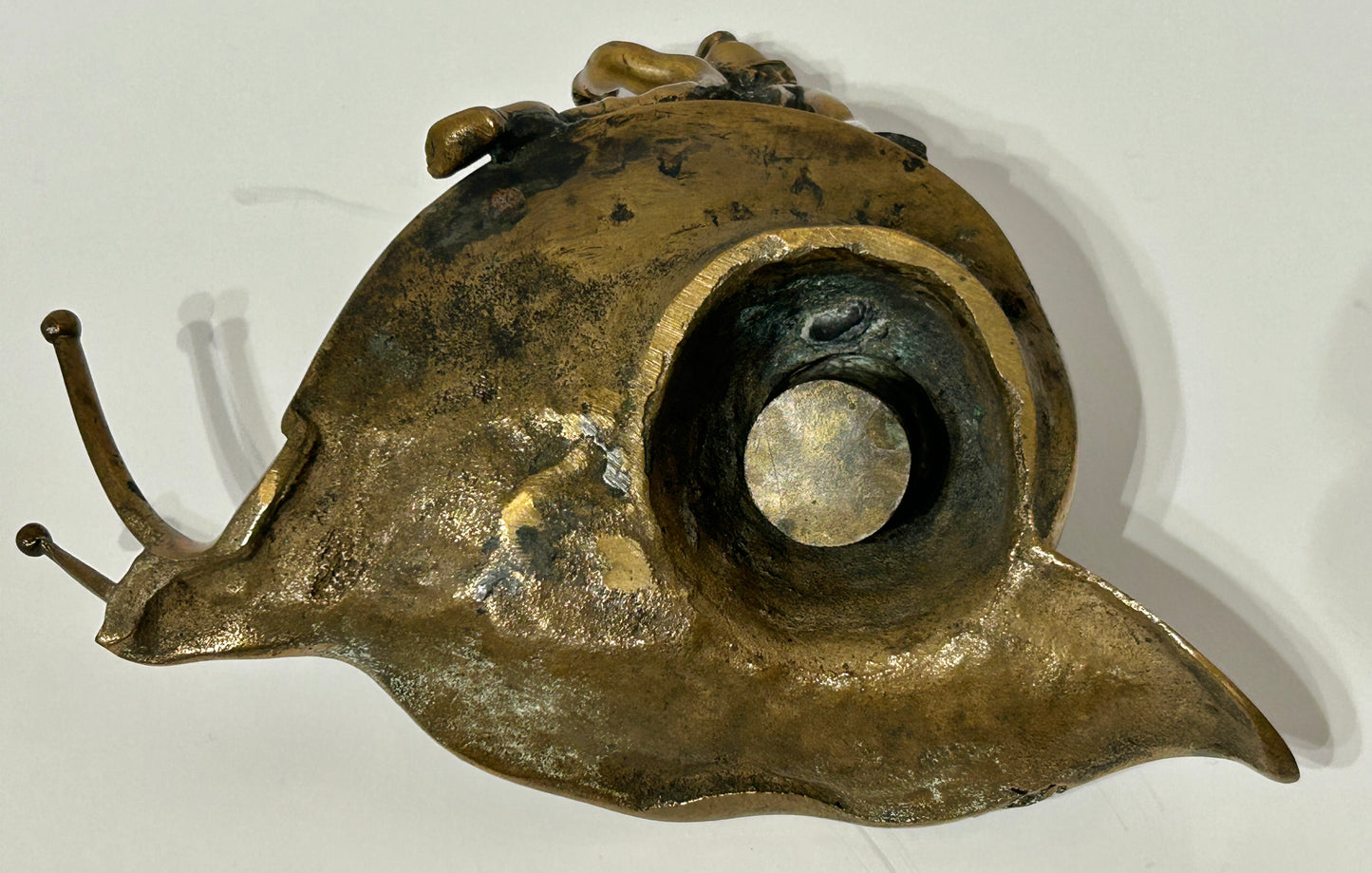 ANTIQUE INKWELL WITH BRONZE SNAIL AND BOY