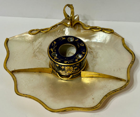 INKWELL WITH MOTHER OF PEARL AND BRONZE TRAY AND DERBY PORCELAIN INKWELL