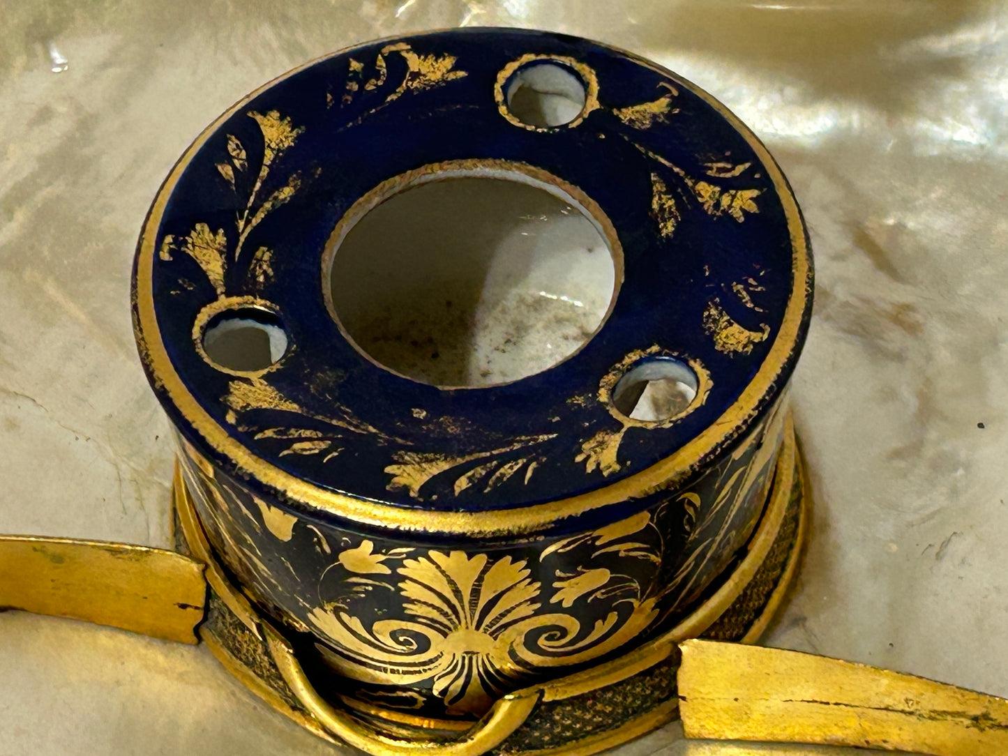 INKWELL WITH MOTHER OF PEARL AND BRONZE TRAY AND DERBY PORCELAIN INKWELL