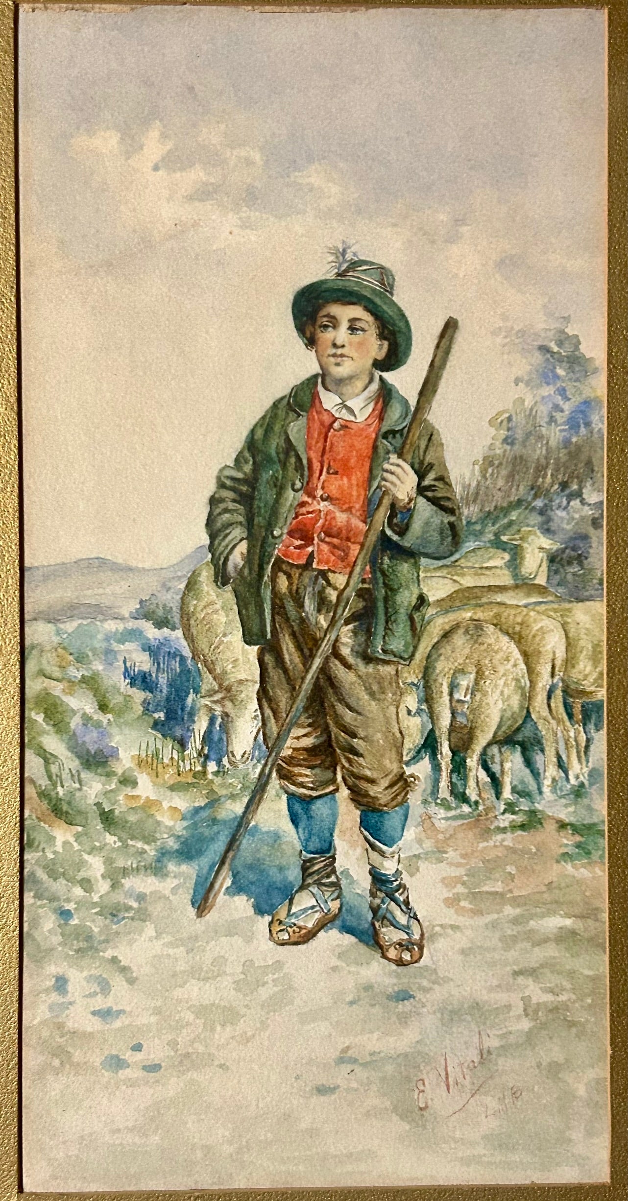 ITALIAN PAINTING OF YOUNG SHEEP HANDLER BY EDOUARDO VITALI
