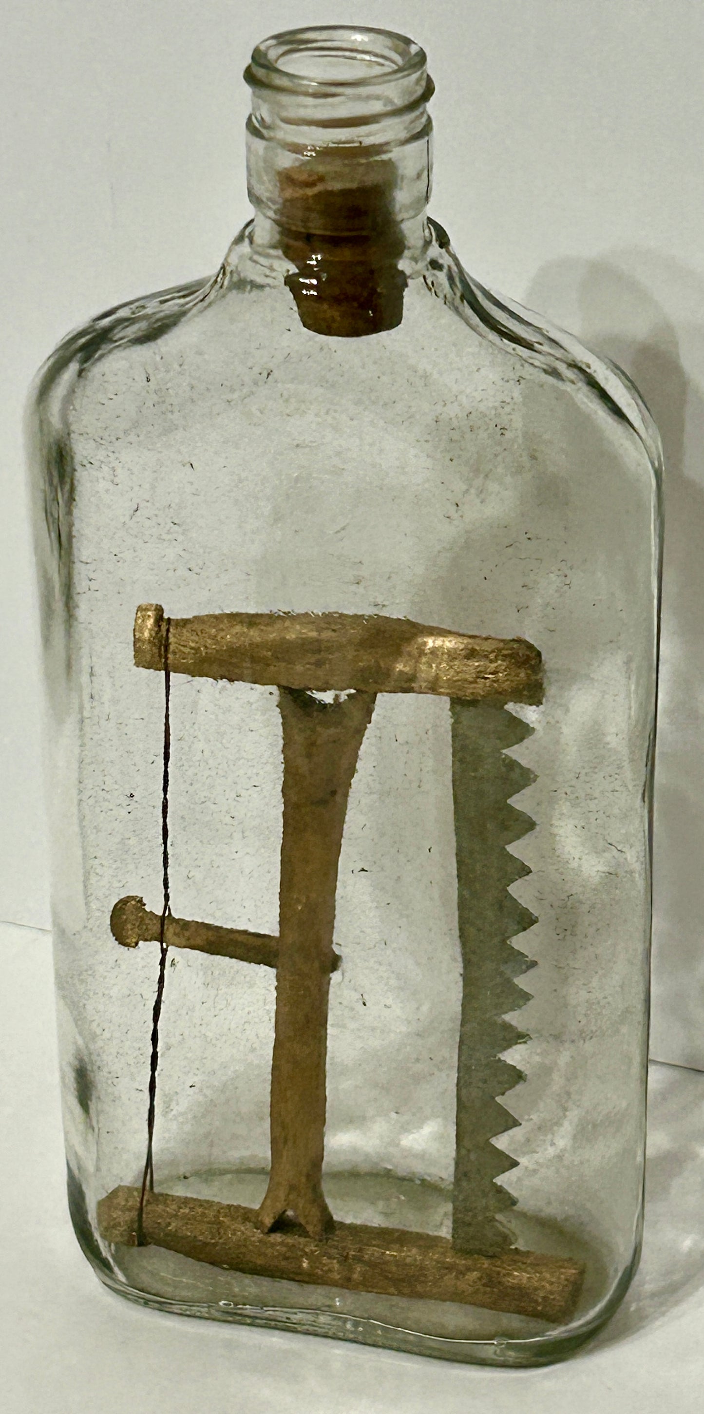 FOLK ART SAW IN BOTTLE ANTIQUE CARVING