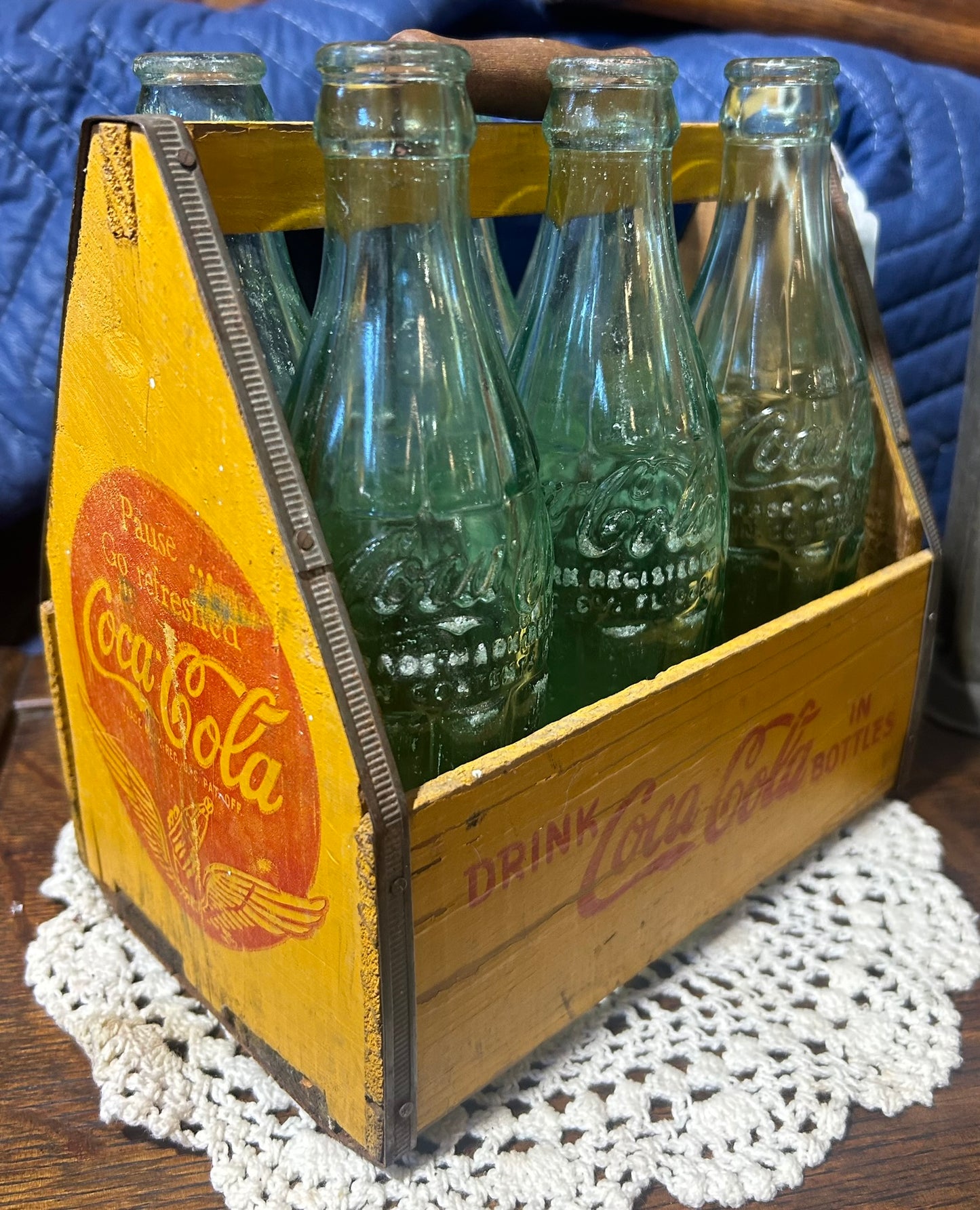 COCA COLA WOODEN SIX PACK CARRIER WITH BOTTLES
