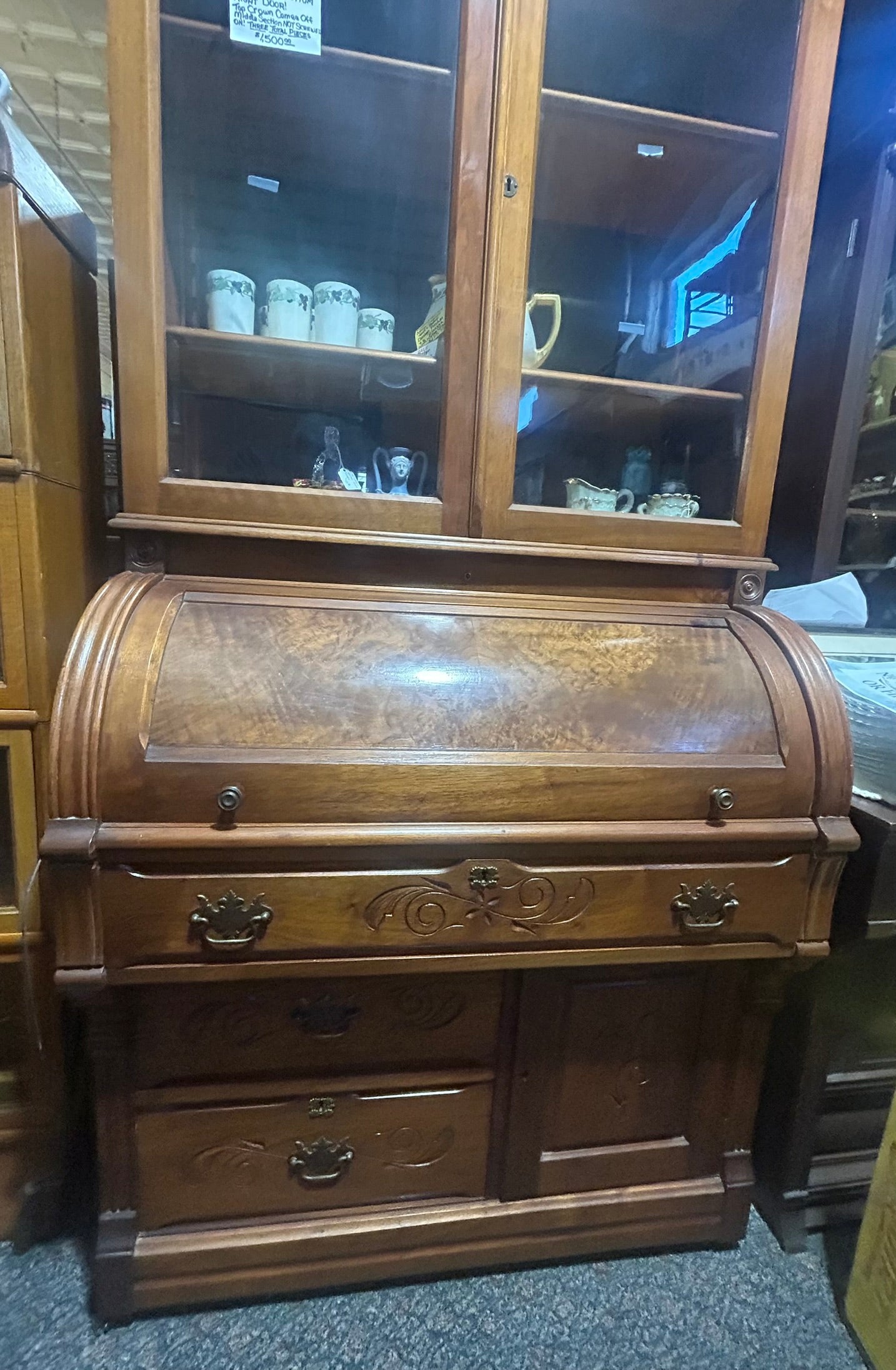 CYLINDER ROLL WALNUT ANTIQUE SECRETARY