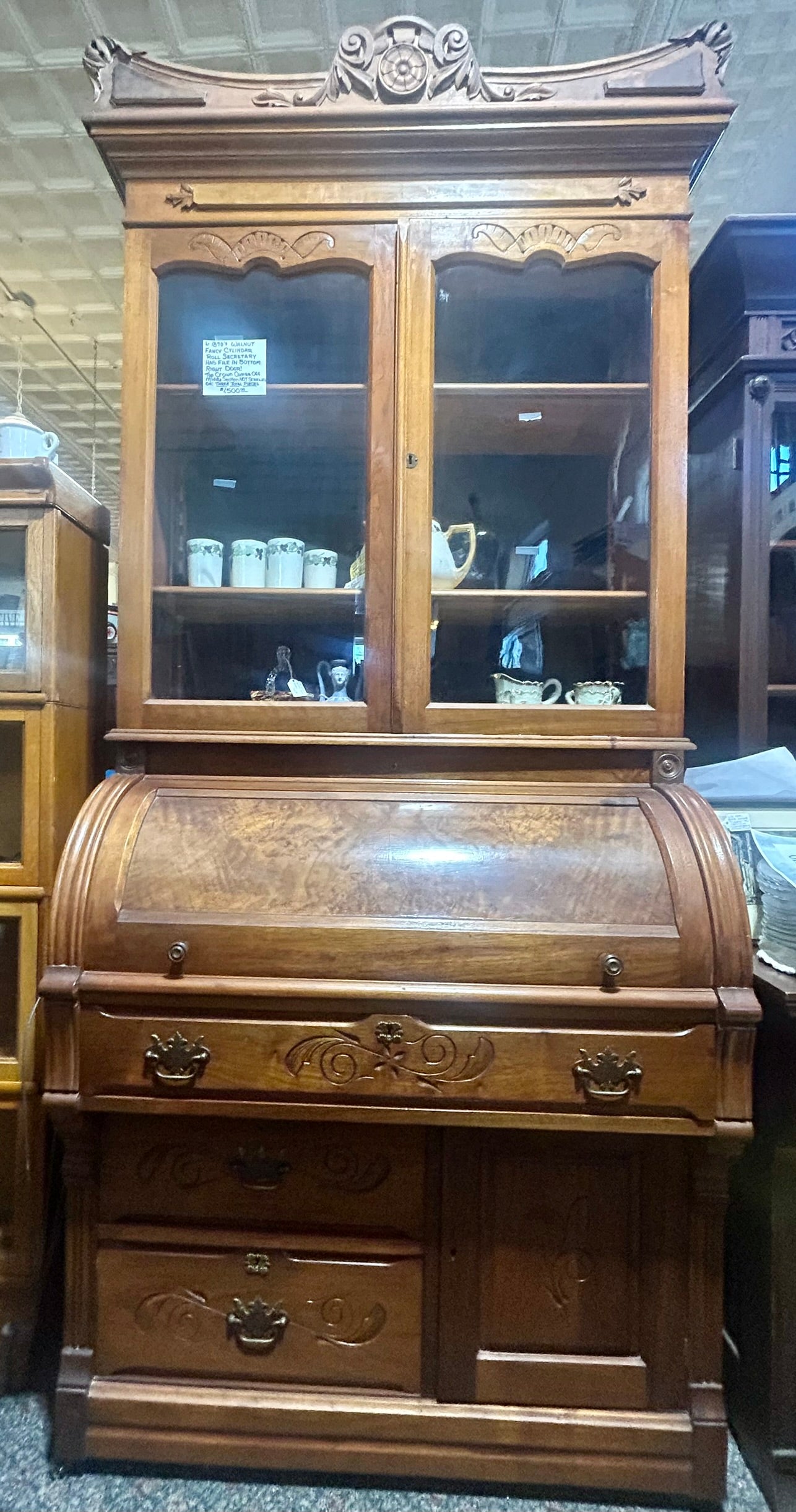 CYLINDER ROLL WALNUT ANTIQUE SECRETARY