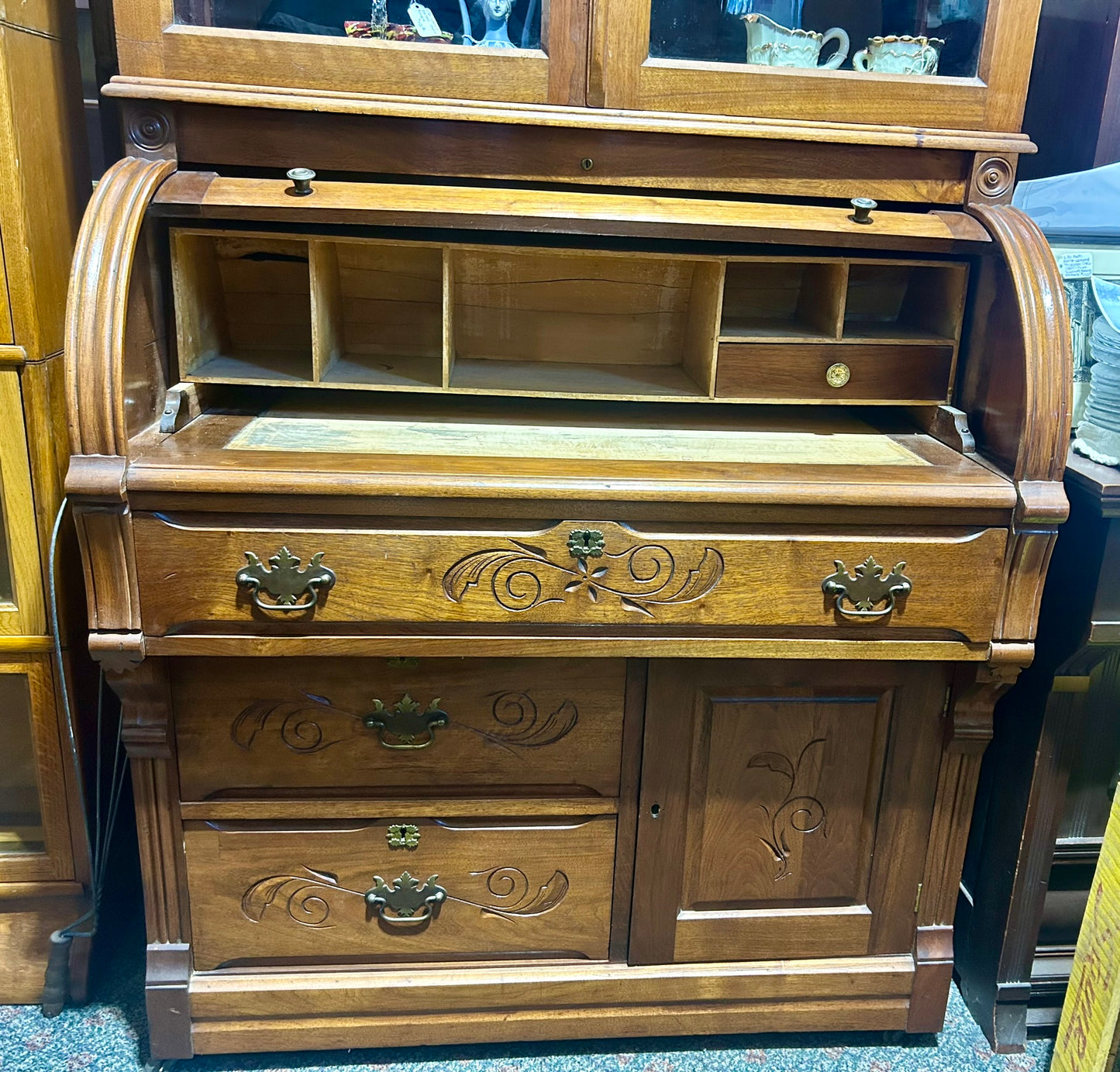 CYLINDER ROLL WALNUT ANTIQUE SECRETARY