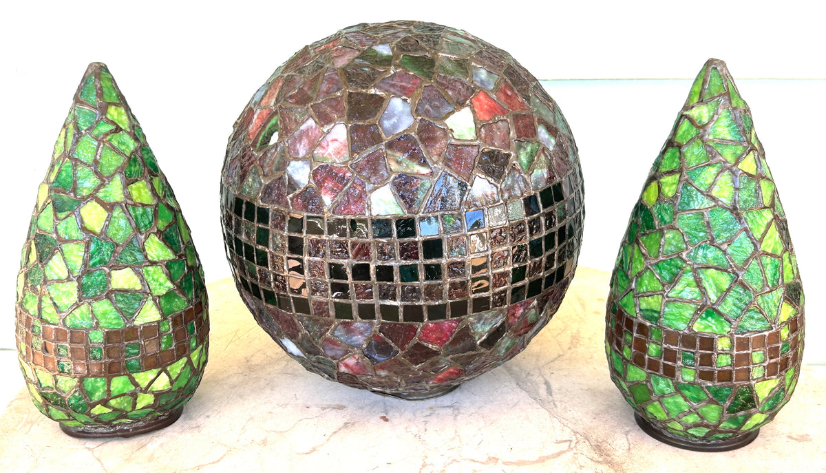 PHILLIP SEMMER GEOMETRIC SHAPE LEADED GLASS CEILING LAMP SHADES CIRCA EARLY 1900
