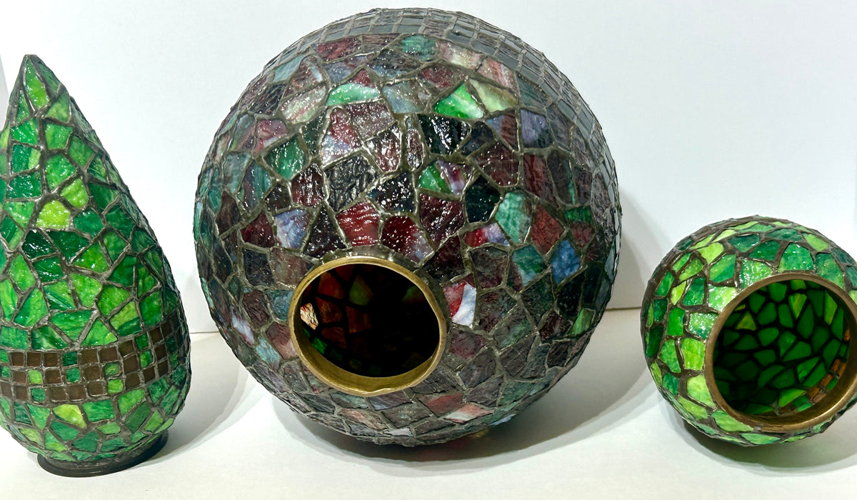 PHILLIP SEMMER GEOMETRIC SHAPE LEADED GLASS CEILING LAMP SHADES CIRCA EARLY 1900