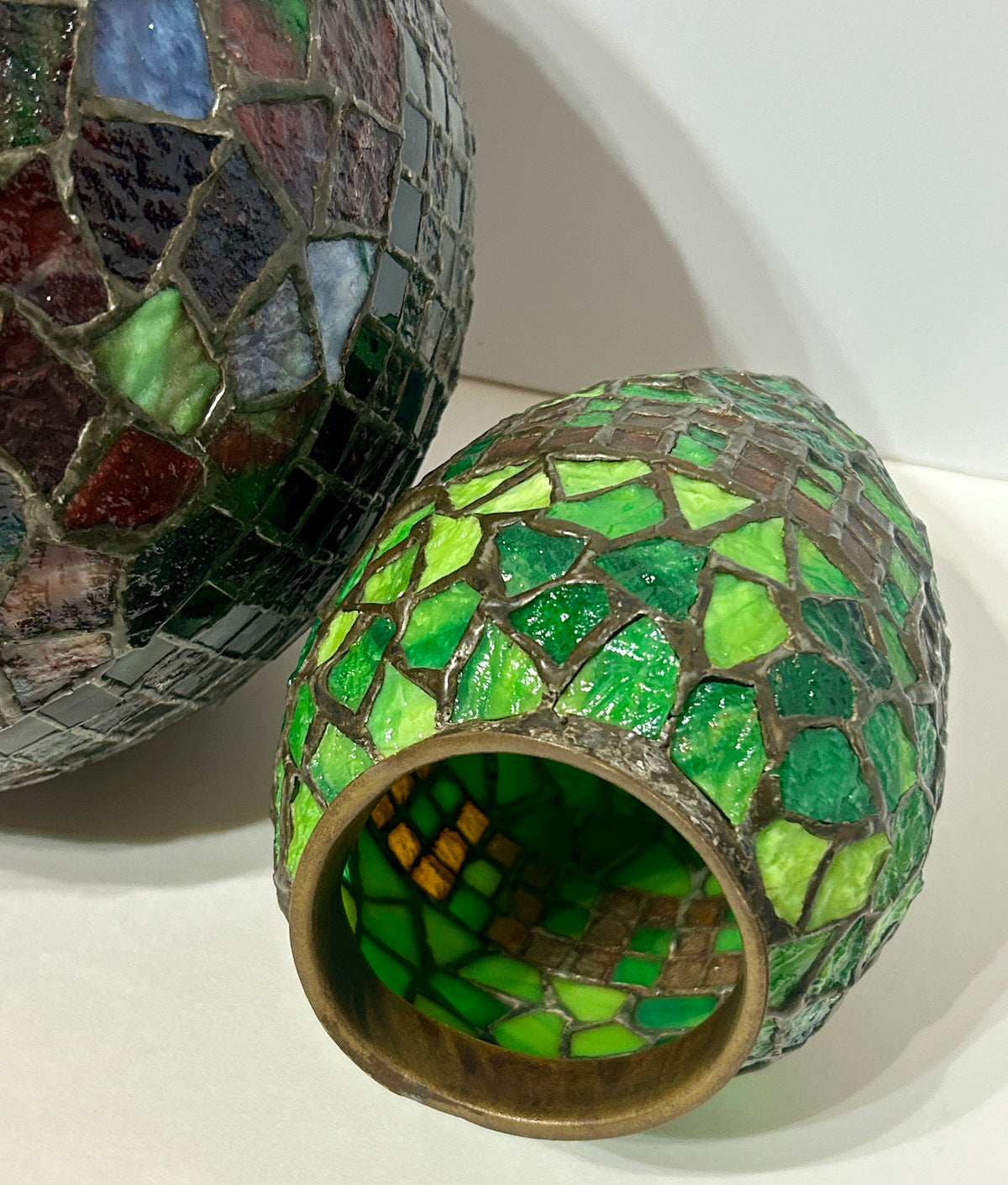 PHILLIP SEMMER GEOMETRIC SHAPE LEADED GLASS CEILING LAMP SHADES CIRCA EARLY 1900