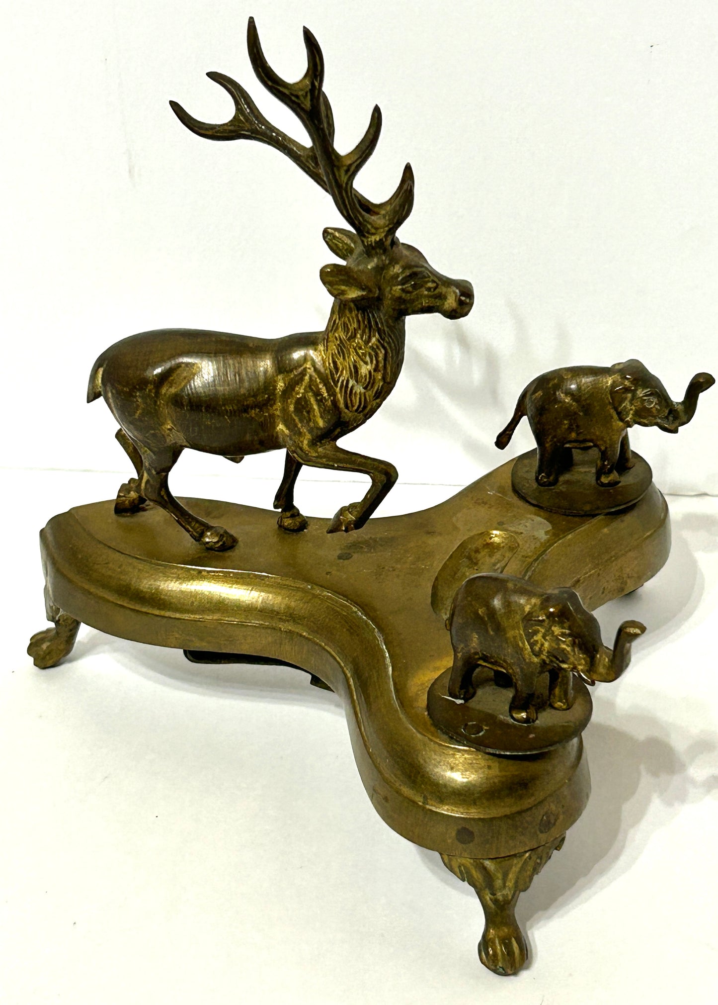 ANTIQUE INKWELL WITH STAG AND ELEPHANTS