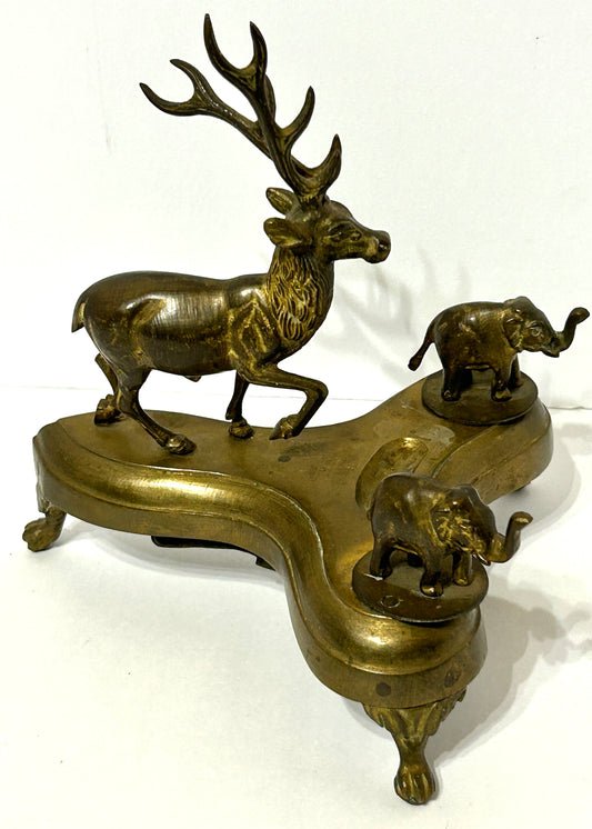 ANTIQUE INKWELL WITH STAG AND ELEPHANTS