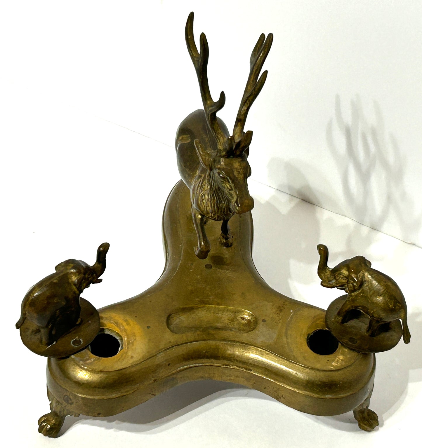 ANTIQUE INKWELL WITH STAG AND ELEPHANTS