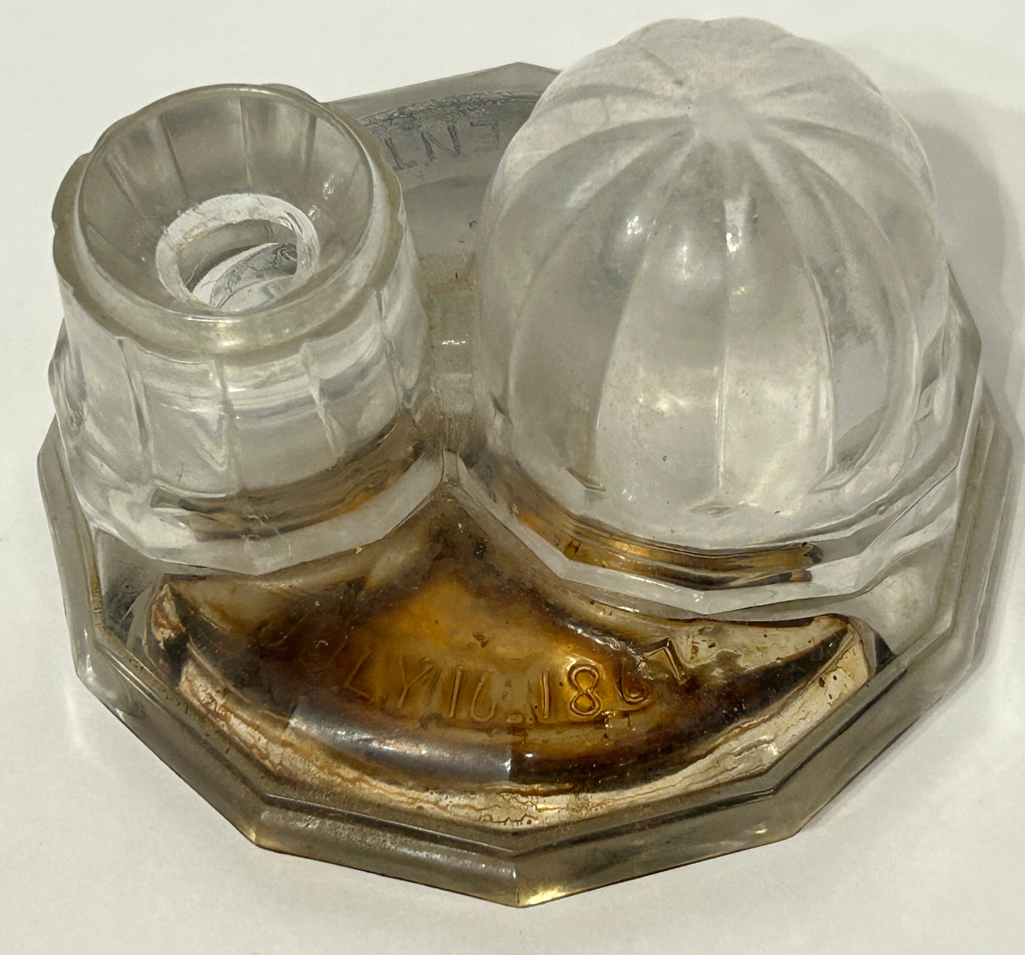 ANTIQUE GLASS INKWELL MORGAN'S PAT. 1867 TURTLE/IGLOO SHAPE